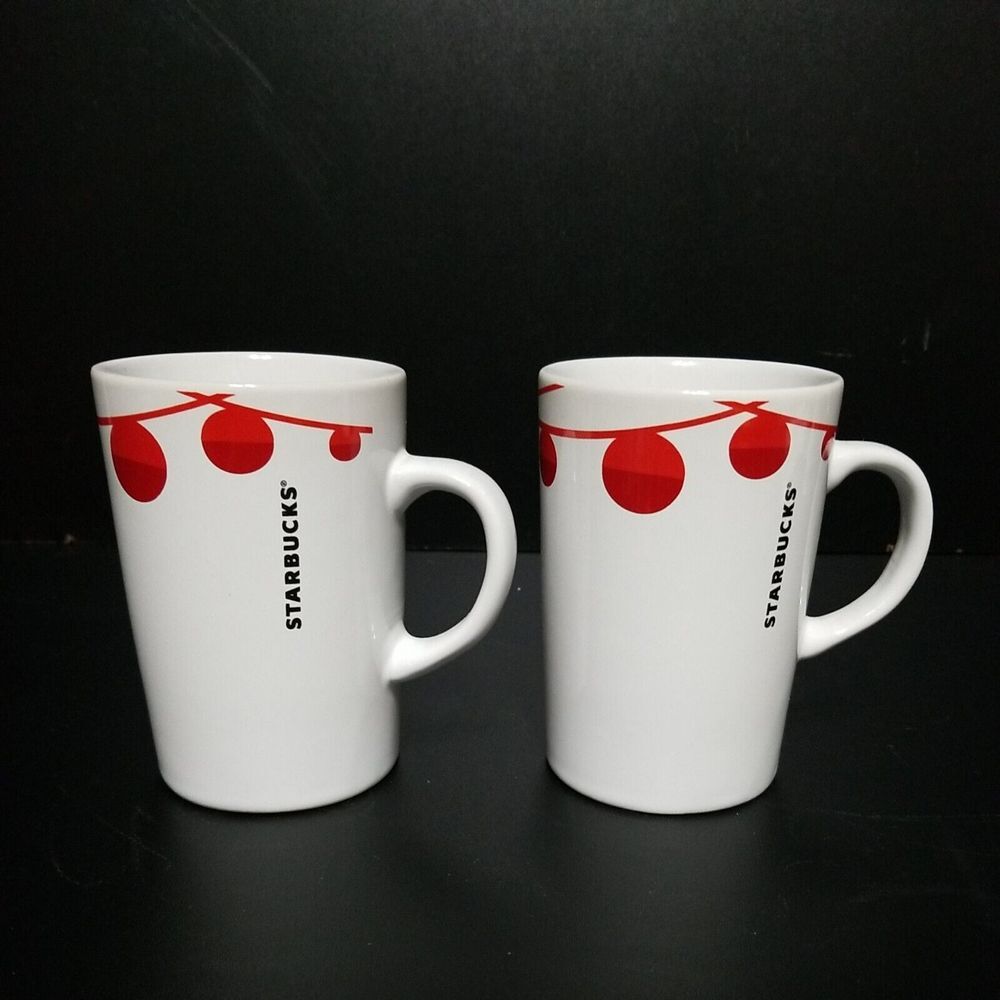 Starbucks Christmas Holiday Coffee Mug White with Red Ornaments 2012 SET OF 2